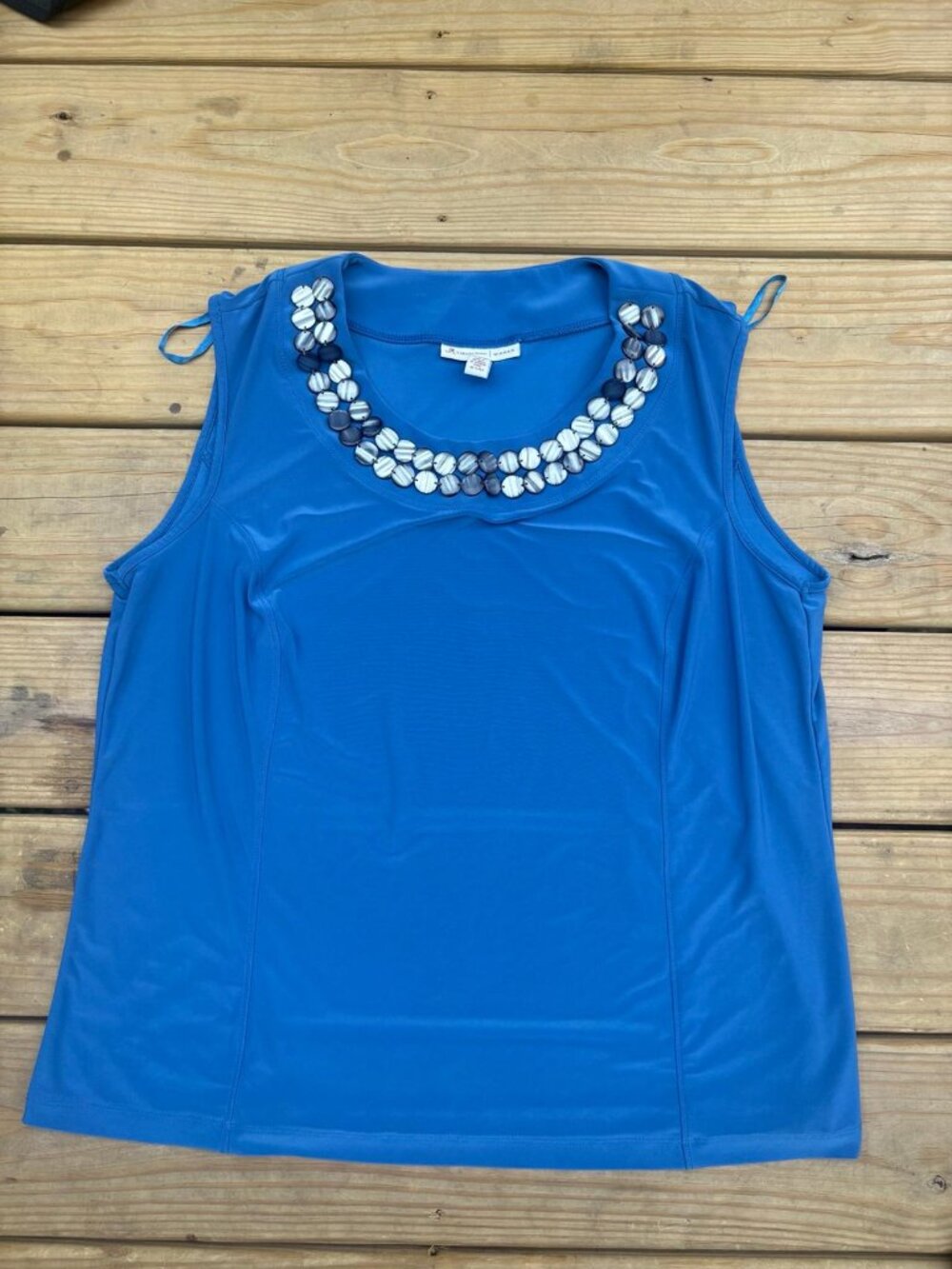 Jones New York Woman 1X Blue Beaded V-Neck Long Sleeve Knit Sweater